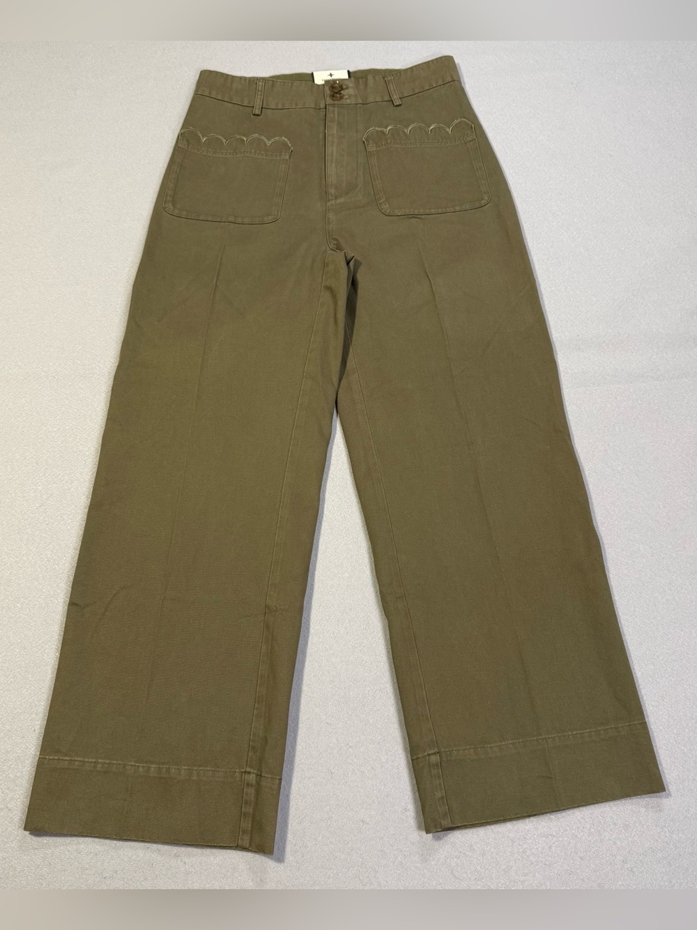 Tuckernuck Womens Size 0 Olive Green Wide Leg Pants Scallop Pocket High Rise